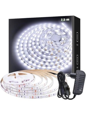 Şerit LED Işık Aydınlatma Seti Aç/kapa Butonlu, Adaptörlü, Mutfak Tezgah, Çalışma Masası, Dolap ve Raf Işıklandırma, Dekoratif Aydınlatma (Beyaz, 250 Cm)