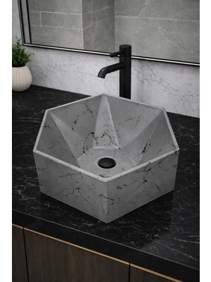 Taş Atölyesi Mermer Desenli Tezgah Üstü Altıgen Taş Lavabo 45 x 16 cm