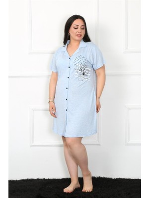 Celira Büyük Beden Penye Düğmeli Mavi Tunik Gecelik