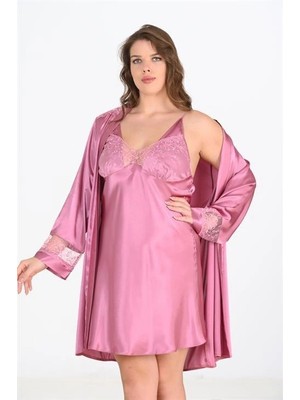 Liyuza Büyük Beden 2li Gülkurusu Sabahlık Takımı Bigsize 6204