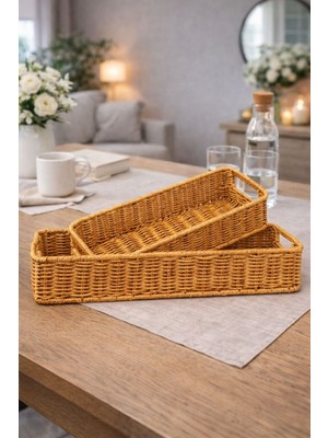 Feyza Design Şık 2’li Rattan Sepet Takımı, Ekmek ve Organizer Düzenleyici Seti