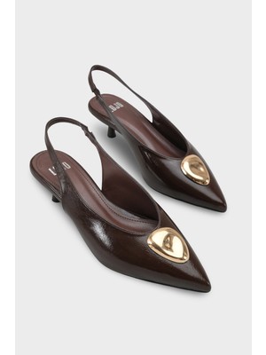 LOJO Kadın Stiletto Altın Tokalı Sivri Burun Arkası Açık Topuklu Ayakkabı Jaris Kahve