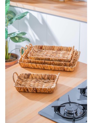 Feyza Design Dikdörtgen Hasır Sepet ve Tepsi Seti, Zarif Sunumlar Için