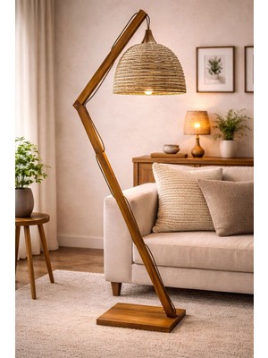 Mars Concept Tasarım&el Yapımı Rustik Ahşap Lambader – Rattan Şapkalı Dekoratif Salon Lambası