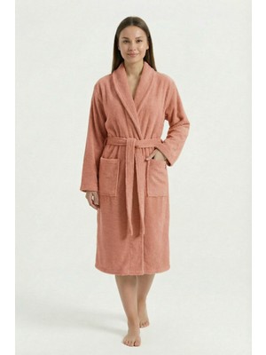 Sevim Rahat Kalıp Şal Yaka Kadın Bornoz - %100 Pamuk, Uzun Boy, Yüksek Gramaj - Kayısı Rengi