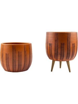 Tasarımı Ev Dekorasyon Aksesuar Dik Çizgi Desenli Toprak Saksı Saksılık Salon Çiçeklik Ikili Set Ayaksız - 3 Ayaklı- 19 cm