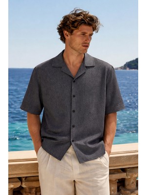 Damga Erkek Premium Comfort Polo Yaka Siyah Keten Gömlek