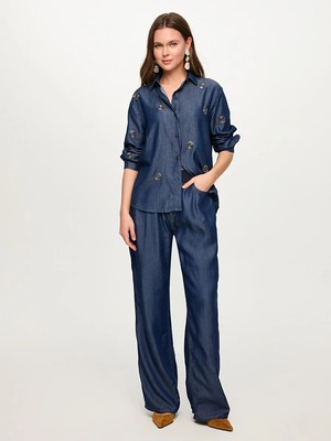 Faik Sönmez Boncuk Nakış Detaylı Lyocelli Jean Gömlek S26JGM003