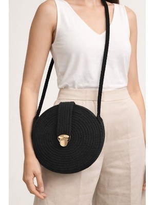 Vela El Yapımı Siyah Kordon Ip Yuvarlak Omuz Çantası