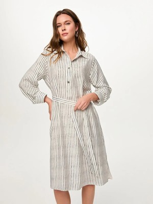 Faik Sönmez Yarım Patlı Çizgili Kemerli Uzun Kol Elbise S26ELB018