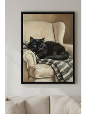 Safir Design Vintage Atmosferli Koltuk Üzerinde Kedi Figürlü Çerçeveli Tablo