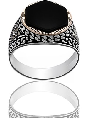 Yıldırım 925 Ayar Gümüş Siyah Oniks Taşlı, Örgü Desenli Erkek Yüzük