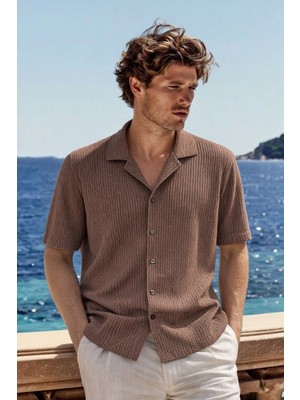 Damga Erkek Premium Comfort Polo Yaka Kahve Keten Gömlek