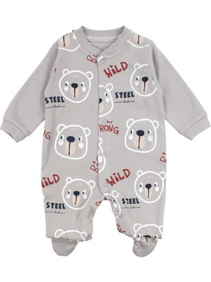 by BebekOdam Erkek Bebek Gri Wild Ayıcık Baskılı Patikli Tulum - 1016531