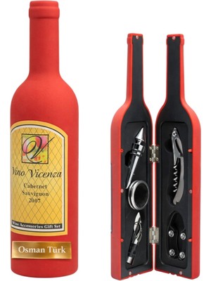 Hediye Fikri Kişiye Özel Şişe Tirbuşon Seti Büyük Kırmızı 33X7 cm Şarap Aksesuar Seti