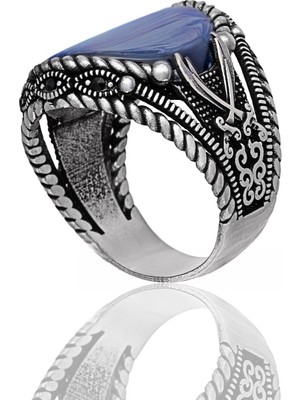 Yıldırım Mavi Ay Taşlı, Kılıç Desen Işlemeli 925 Ayar Gümüş Erkek Yüzük