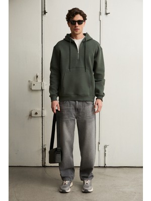 Grimelange Justus Erkek Kapüşonlu Kanguru Cepli Fermuar Yakalı Haki Sweatshirt