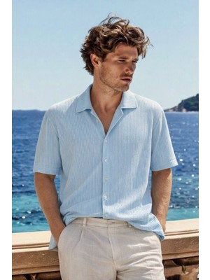 Damga Erkek Premium Comfort Polo Yaka Mavi Keten Gömlek