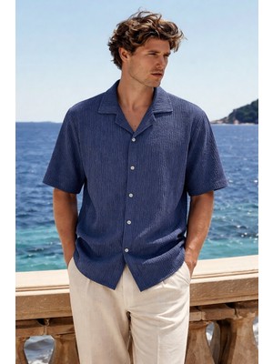 Damga Erkek Premium Comfort Polo Yaka Lacivert Keten Gömlek