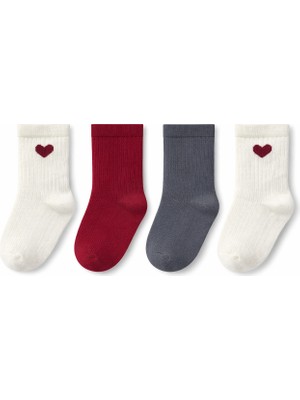 Solde 4’lü Set Bebek/çocuk Pamuklu Günlük Çorap – Kalp Desenli & Düz Renk, Kaliteli