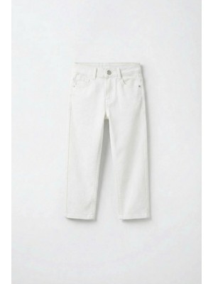 Magu Unisex Çocuk Pamuklu Beyaz Düz Pantolon - Cepli Denim Görünümlü