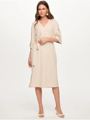 Faik Sönmez Kruvaze Görünümlü Kısa Kol Kendinden Dokulu Elbise S26ELB036