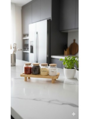 Feyza Design Şık Bambu ve Ahşap Baharatlık Seti 4’lü, Tezgah Üstü Dekoratif Organizer