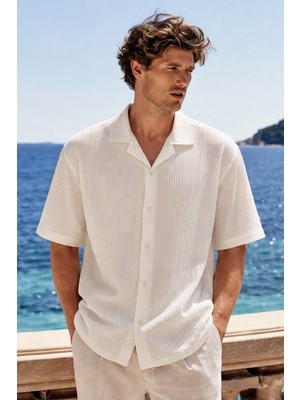 Damga Erkek Premium Comfort Polo Yaka Beyaz Keten Gömlek