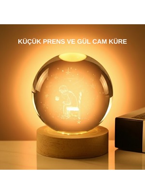 Aesco 8 cm Küçük Prens Cam Küre USB Işıklı Ahşap Tabanlı Dekor