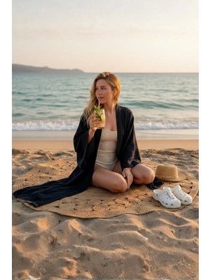 Miespiga %100 Pamuklu Dokuma Beli Kuşaklı Maxi Kadın Kimono Kaftan