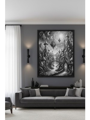 Safir Design Siyah Beyaz Fantastik Şato ve Büyülü Şehir Temalı Çerçeveli Tablo