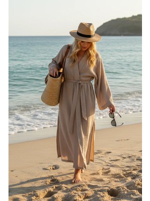 Miespiga %100 Pamuklu Dokuma Beli Kuşaklı Maxi Kadın Kimono Kaftan