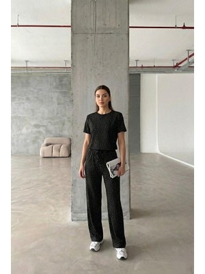 Aksesuarista.co Kadın Taşlı Siyah Modal Kumaş Eşofman Takım