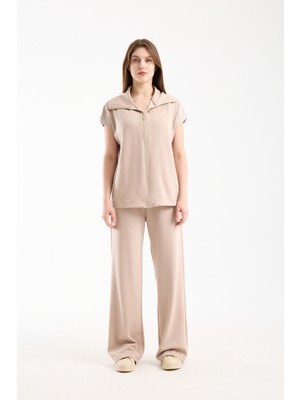 Win Moda Winmoda Kadın Modal Oversize Dik Yaka Fermuarlı Salaş Takım Siyah Gri Bej S/xl