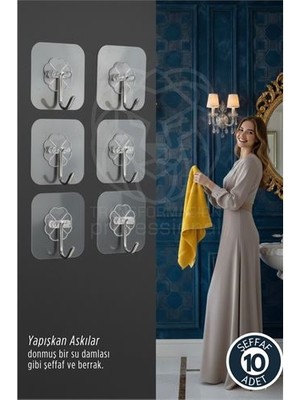 Aesco 10'lu Şeffaf Yapışkanlı Askı Mutfak Banyo Duvar Askısı Çivisiz Pratik Kanca Seti