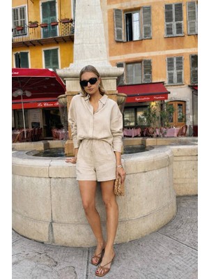 Aksesuarista Kadın Taş Rengi Keten Gömlek ve Şort Ikili Takım