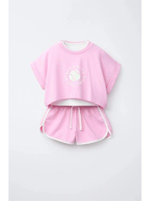 Magu Kız Çocuk Pamuklu Pembe Baskılı T-Shirt ve Şort Takım - Kontrast Şerit Detaylı