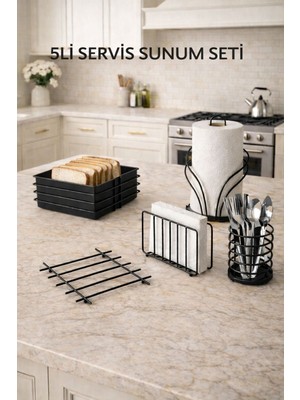 Feyza Design 5'li Servis Sunum Seti, Ekmek Sepeti, Havluluk, Peçetelik, Nihale, Kaşıklık