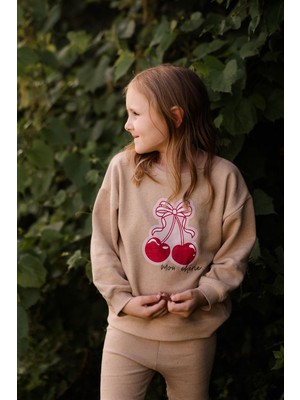 Antebies Pamuk, Sustainable, Bej Kiraz Baskılı  Kız Çocuk Sweatshirt Biker Takım