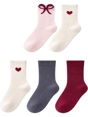 Solde 5’li Set Bebek/çocuk Pamuklu Günlük Çorap – Kalpli & Fiyonklu Desen, Kaliteli
