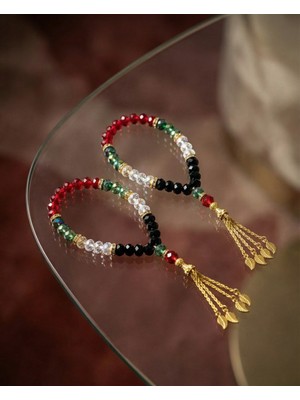 Zaytoon 2\'li Filistin Bayrak Tasarımlı Kristal Taşlarlı El Yapımı Altın Imame Tespih 33\'lü A300045-02