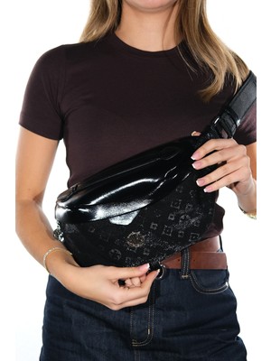 Luvi Cuir Siyah Baskılı Kadın Bel Çantası