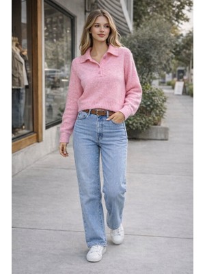 CGA Kadın Pembe Triko Kazak Pembe Yakalı Düğmeli Basic Triko Kazak