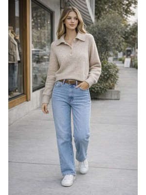 CGA Kadın Pembe Triko Kazak Bej Yakalı Düğmeli Basic Triko Kazak