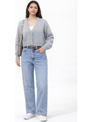 CGA Kadın Gri Hırka V Yakalı Basic Hırka