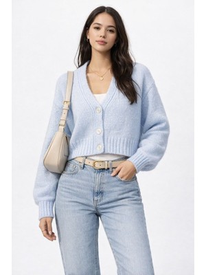 CGA Kadın Hırka Mavi V Yakalı Basic Hırka