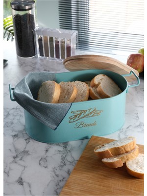 Feyza Design Turkuaz Kesme Tahtalı Metal Ekmek Saklama Kutusu, Şık ve Pratik Tasarım