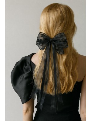 Çiçek Desenli Tüllü Otomat Toka Siyah