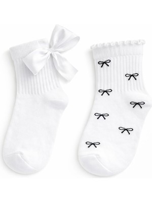 Solde 2’li Set Kadın Pamuklu Çorap – Fiyonk Detaylı, Düz Beyaz, Kaliteli