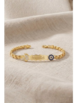 Parmas Design Bebek Künyesi Maşallah Yazılı 925 Ayar Gümüş Nazar El Ayak Figür Beyaz Taşlı